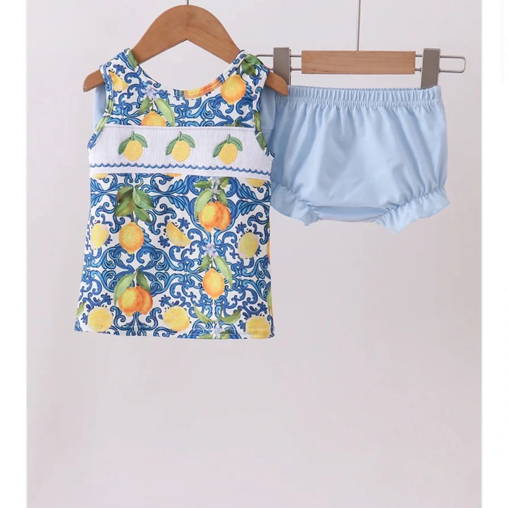 Smocked Baby Two-Piece Lemon Set with Light Blue Bow & Ruffle Bloomers Set Girls